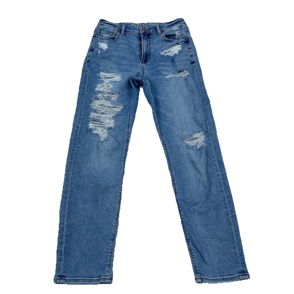 American Eagle Jeans Women 4 Reg Mom Jean Stretch Ripped Holes Med Wash Baggy 73